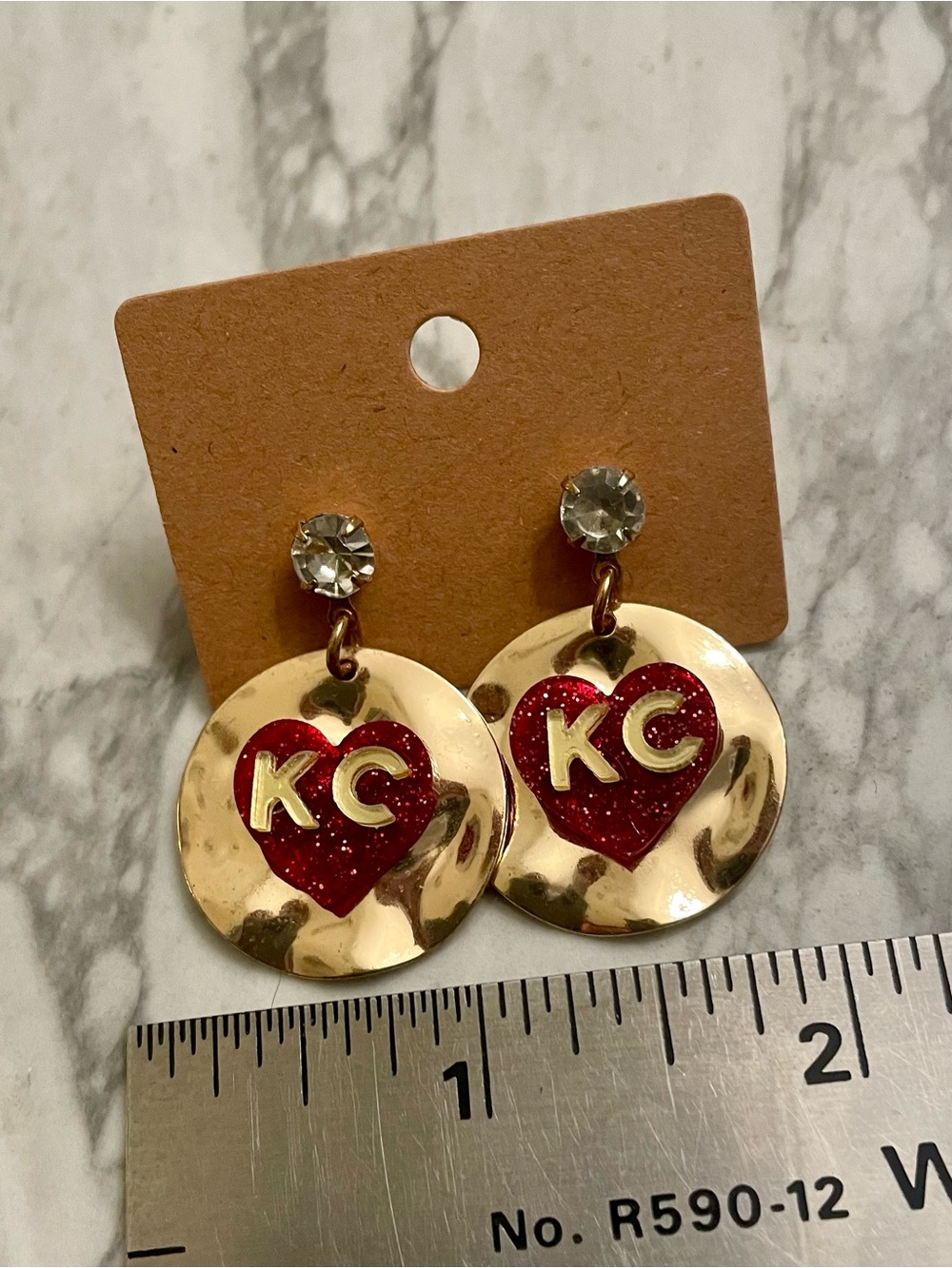 Gold Drop Earrings with Red Heart KC Accent - Picture 10 of 13